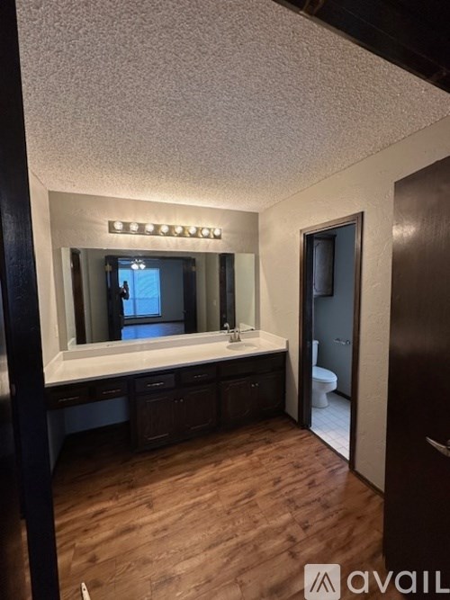 A bathroom with a vanity and a mirror.