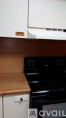 A kitchen with a stove and a wooden counter.