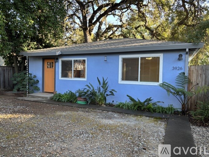 A small blue house with a brown door and a gravel driveway.
