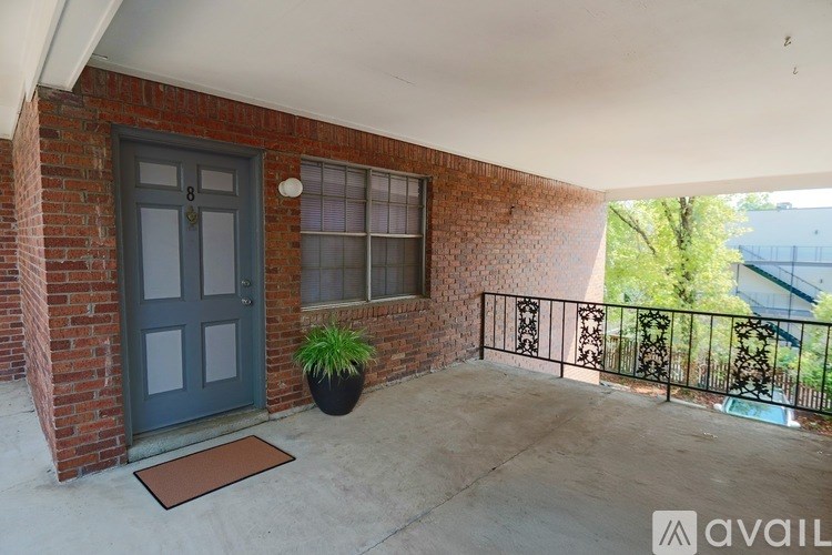 A balcony with a blue door and a plant on the floor.