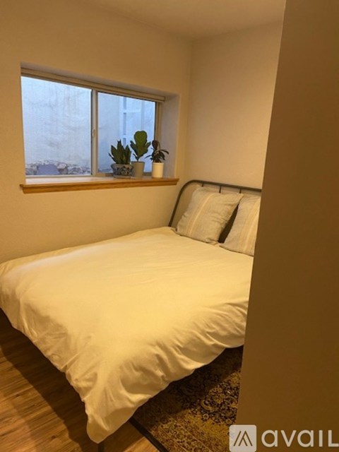 A bedroom with a bed, pillows, and a window with plants on the windowsill.