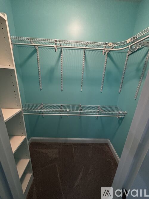 A walk-in closet with shelves and hanging rods.