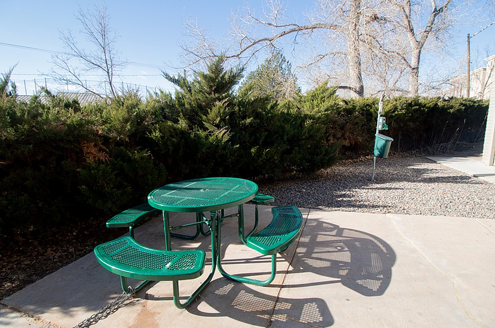 A green picnic table with two benches is in the foreground of a sunny day.