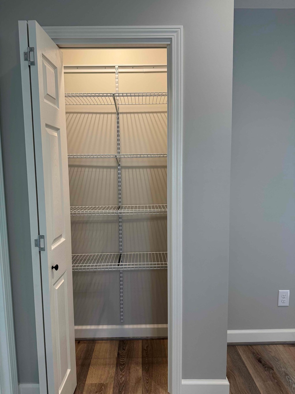 A white pantry with a door open and shelves inside.