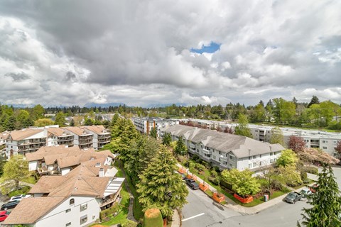 A cloudy day in a residential area with houses and trees.