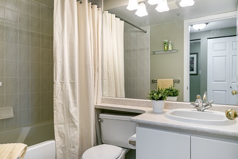 A white bathroom with a toilet, sink, and shower.