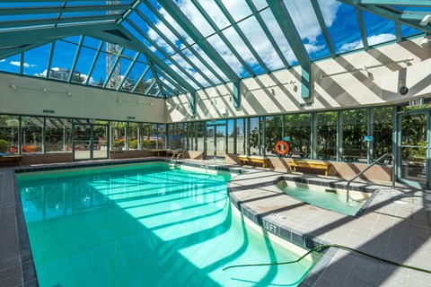 A large indoor swimming pool with a glass ceiling.