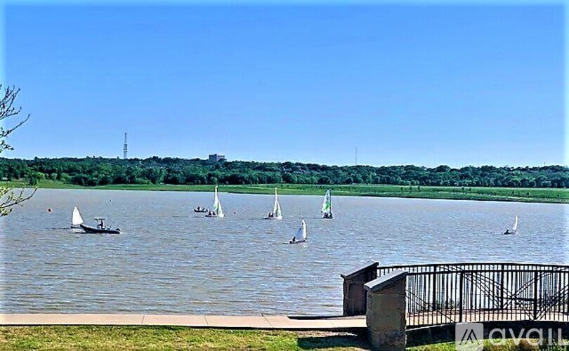 A group of sailboats are on a lake.