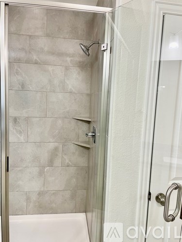 A bathroom with a walk in shower and a white door.