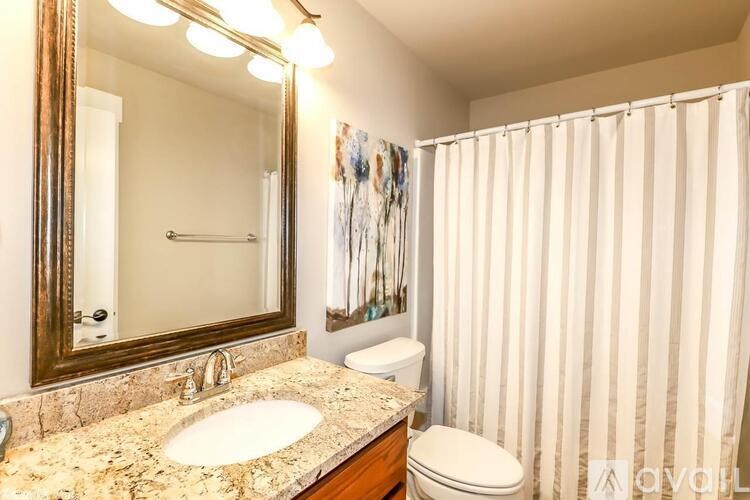 A bathroom with a sink, mirror, toilet and shower curtain.