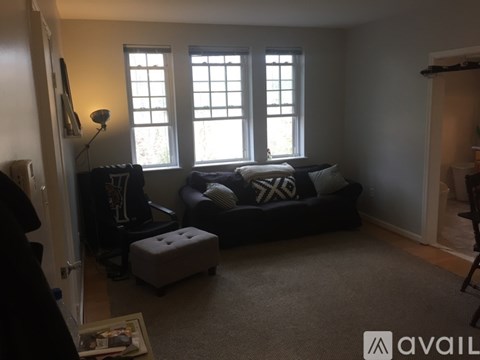 A living room with a grey sofa and a grey ottoman.