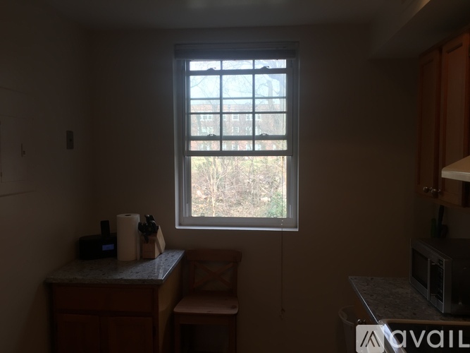 A kitchen with a window and a microwave on the counter.