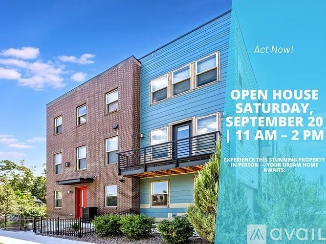 A modern two-story house with a blue exterior is advertising an open house event on September 20 from 11 AM to 2 PM.
