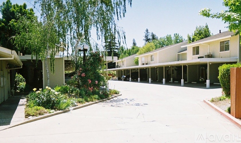 A row of houses with trees in front.