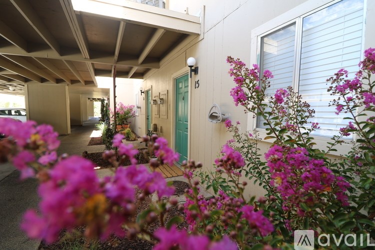 A building with a blue door and windows with shutters is surrounded by pink flowers.