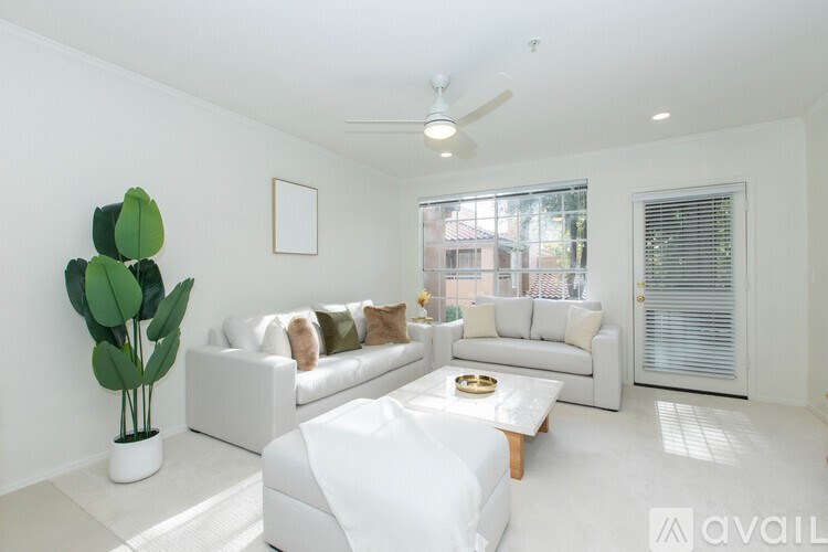 A living room with a white couch, a coffee table, and a plant.