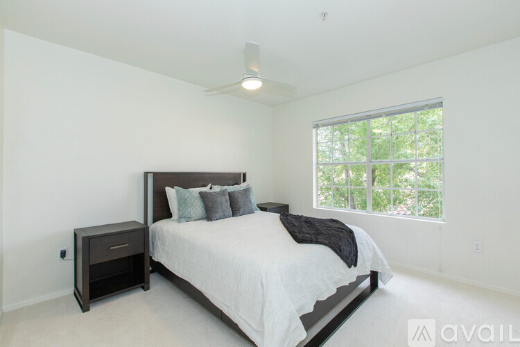 A bedroom with a large bed and a window overlooking trees.