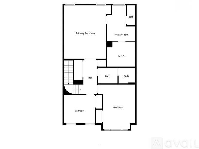 A floor plan of an apartment with a primary bedroom and bath, a hallway, a W.I.C., and two additional bedrooms.
