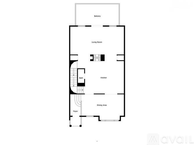 A floor plan of a house with a living room, dining area, kitchen, and bathroom.