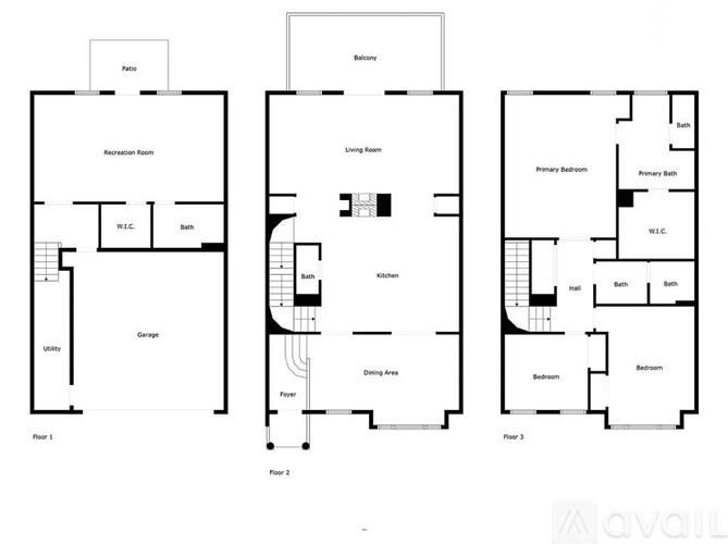 A floor plan of a three-story residential building with a garage on the first floor.