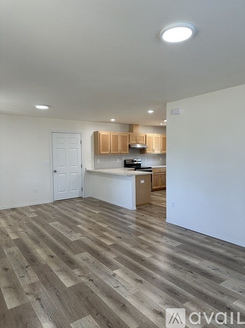 A kitchen area with wooden flooring and a white door.