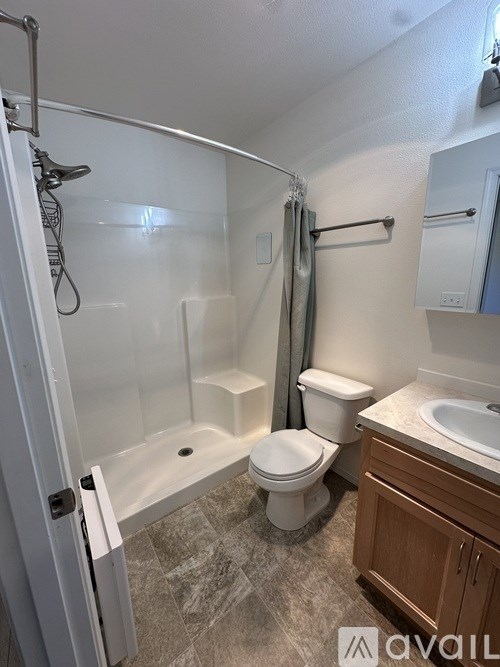 A bathroom with a toilet, sink, and shower.