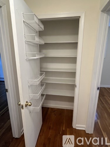 A white pantry with shelves and a door.