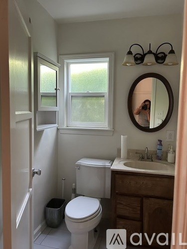 A bathroom with a toilet, sink, and mirror.