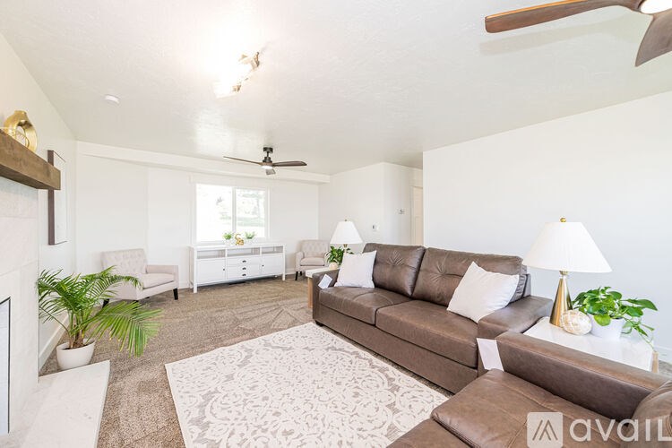 A living room with a brown couch and a white rug.