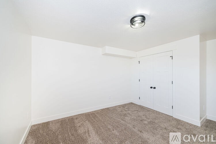 A room with a carpeted floor and a ceiling light.