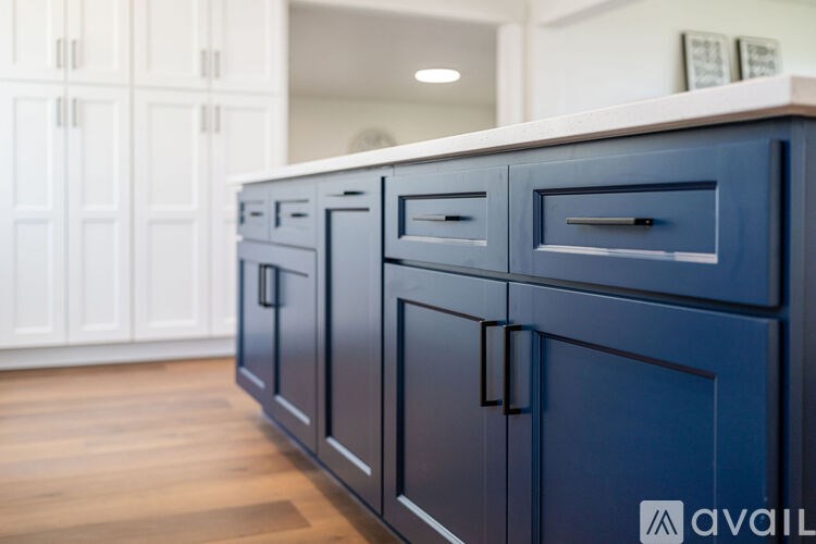 A kitchen with dark blue cabinets and white walls.
