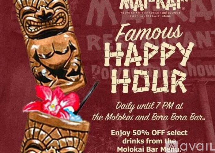 A tiki idol statue is holding a drink with a straw, and there is text advertising a "Famous Happy Hour" at the Molokai and Bora Bora Bar.