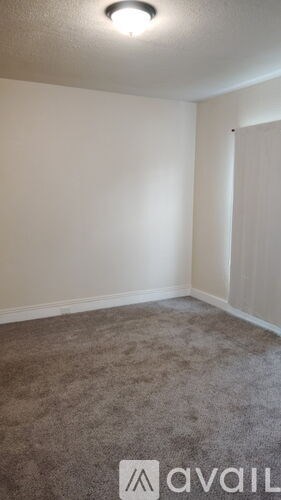 A room with a carpeted floor and a white door.