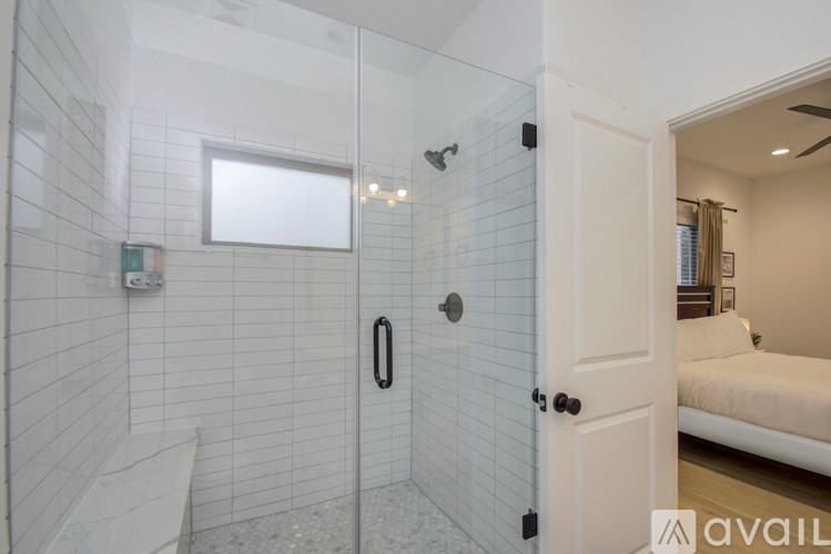 A bathroom with a walk-in shower and a white door.