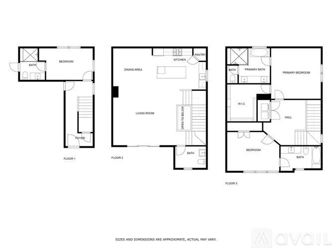 Three floor plans for an apartment are shown.