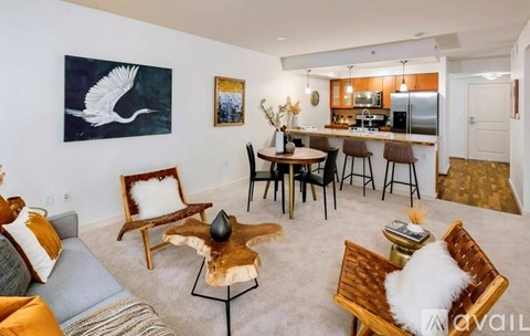 A living room with a grey couch, a wooden chair, a coffee table, and a painting of a white bird on the wall.