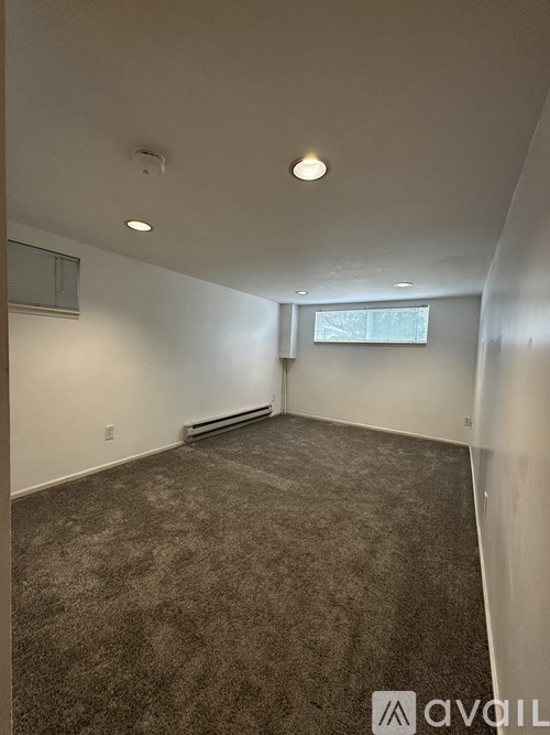 A carpeted room with a window and a wall-mounted heater.