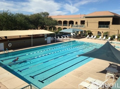 Swimming pool with people swimming and sun loungers.