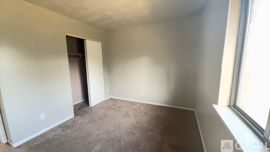 A room with a brown carpet and a white door.