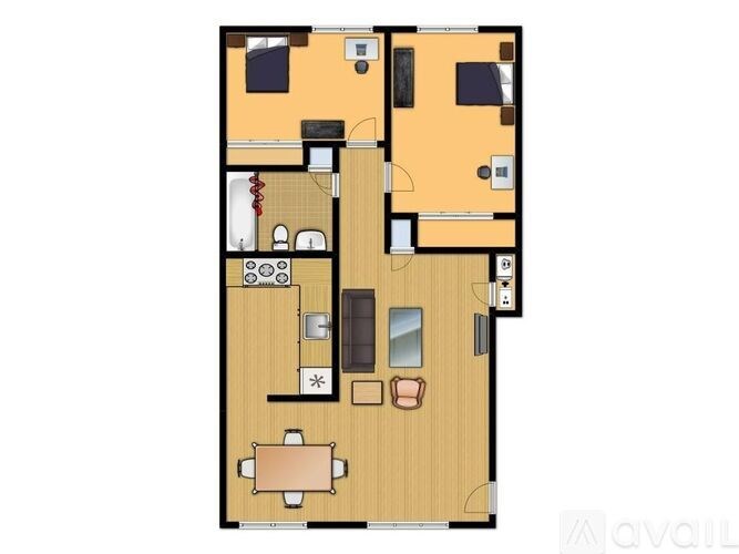 A floor plan of an apartment with a kitchen, living room, and two bedrooms.
