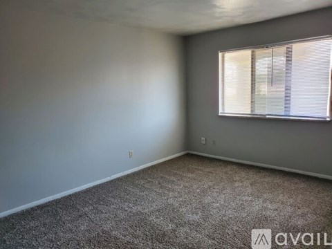 A room with a carpeted floor and a window with blinds.