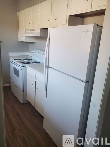 A white fridge and stove in a kitchen.