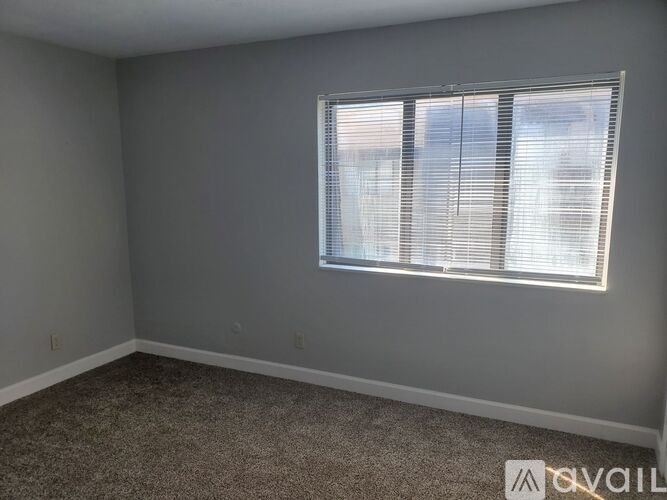 A room with a carpeted floor and a window with blinds.