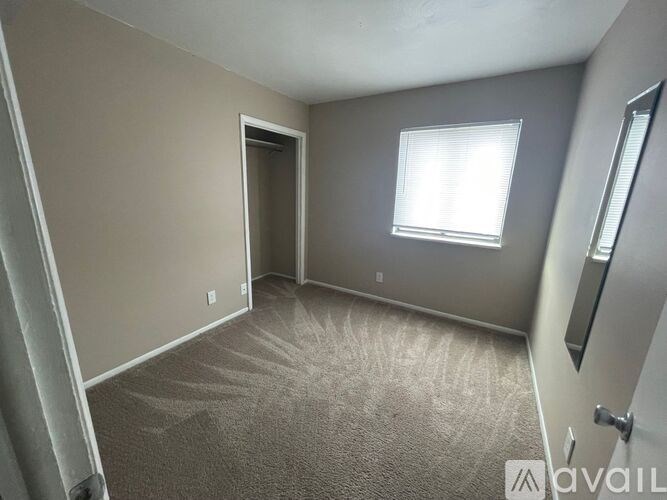 A carpeted room with a window and a door.