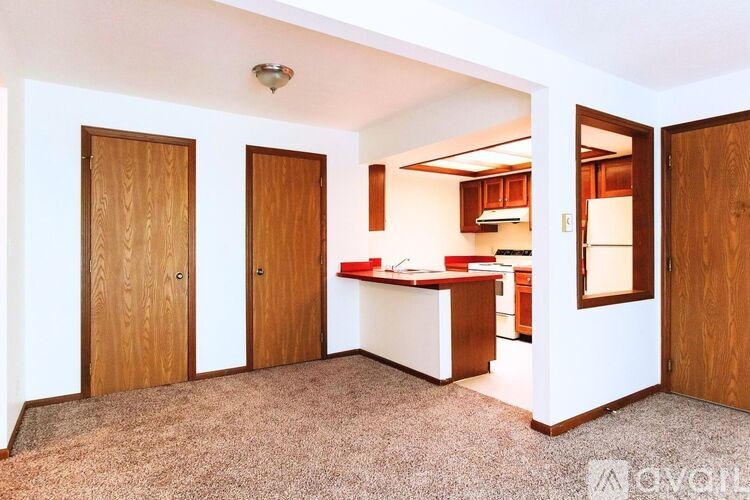 A kitchen area with a counter and cabinets is visible through an open door.