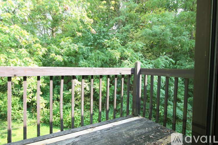 A wooden balcony overlooks a lush green forest.