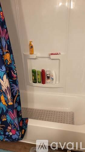A shower area with a shelf containing bottles of shampoo and conditioner.