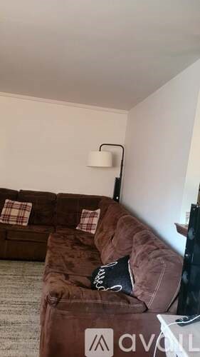 A living room with a brown couch and a black lamp.