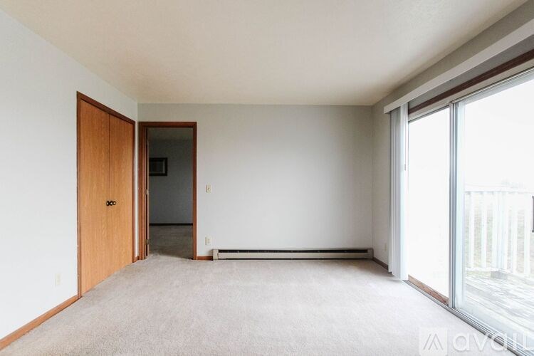 A room with a carpeted floor and a sliding glass door.