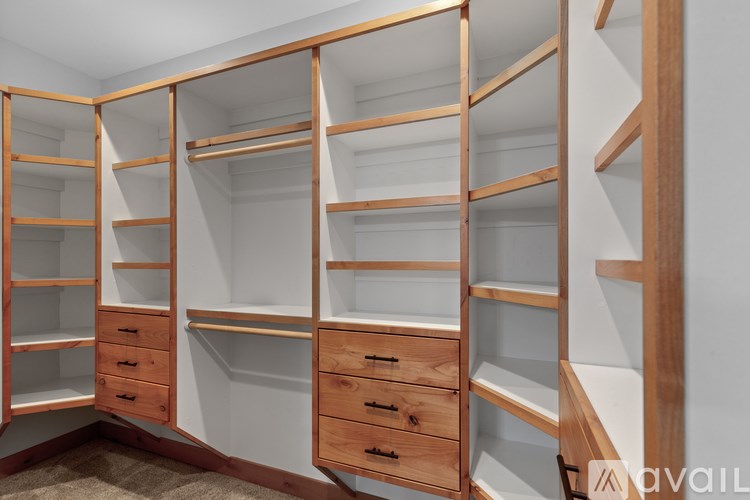 A walk-in closet with shelves and drawers.